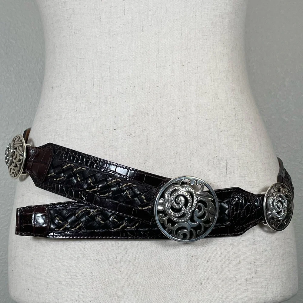 BRIGHTON Belt Brown Woven Croc Leather Concho Rhinestones Silvertone Size 36